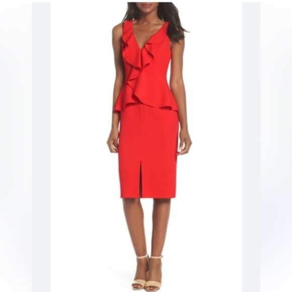 Eliza J Dresses & Skirts - Eliza J Women  s VNeck Ruffle Midi Sheath Dress Red Size 6